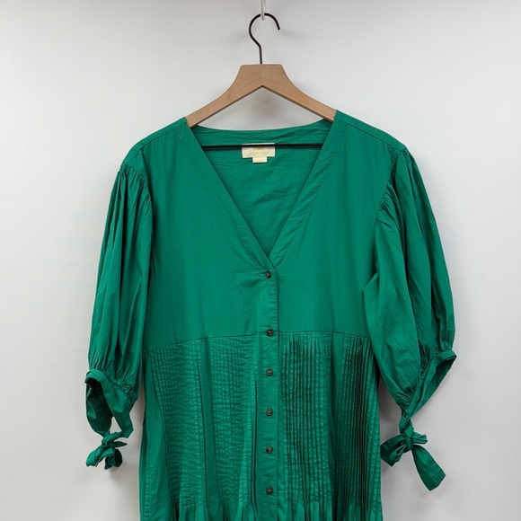 Anthropologie Maeve Pintuck Tie-Sleeve V-Neck Drop Waist Midi Dress Green Medium - Picture 5 of 11